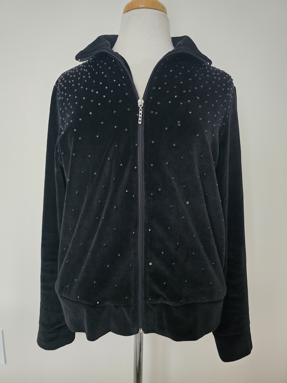 Women's Velour Black Zip-Up Bomber Jacket with Stud Detail Size L Vintage Cotton